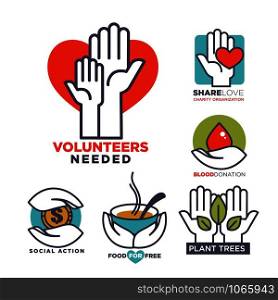 Charity, blood or donation or medical and volunteering support or care design. Isolated symbols of human hands, red heart and green leaf. Charity, blood or donation or medical and volunteering support or care design