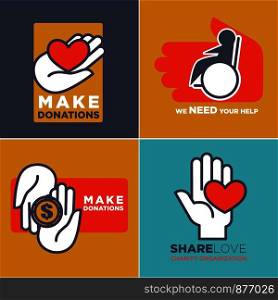 Charity, blood or donation or medical and volunteering support or care design. Isolated symbols of human hands, red heart and green leaf. Charity, blood or donation or medical and volunteering support or care design