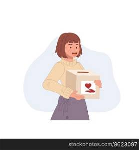 charity campaign and voluntary concept. Female volunteer holding donation box. vector illustration. 