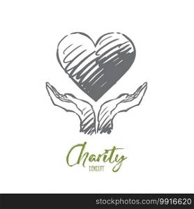 Charity, care, help, heart, hand concept. Hand drawn big heart in human hands concept sketch. Isolated vector illustration.. Charity, care, help, heart, hand concept. Hand drawn isolated vector.