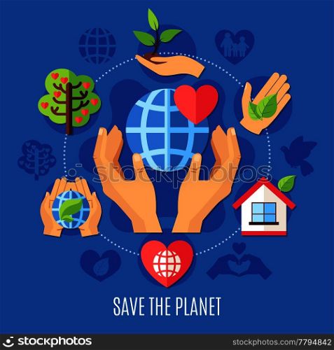 Charity composition with round composition of pictogram icons with plants green leaves globe symbols and hands vector illustration. Save Planet Charity Composition