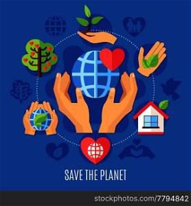 Charity composition with round composition of pictogram icons with plants green leaves globe symbols and hands vector illustration. Save Planet Charity Composition