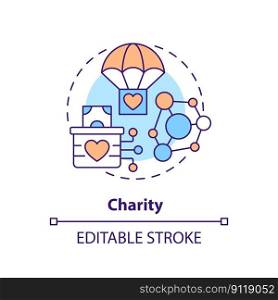 Charity concept icon. Sending and receiving financial aid. DAO usage purpose abstract idea thin line illustration. Isolated outline drawing. Editable stroke. Arial, Myriad Pro-Bold fonts used. Charity concept icon
