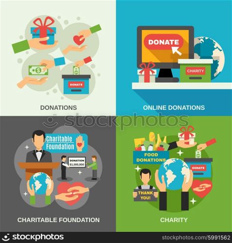 Charity Concept Icons Set . Charity concept icons set with online donations symbols flat isolated vector illustration
