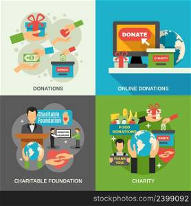 Charity concept icons set with online donations symbols flat isolated vector illustration . Charity Concept Icons Set