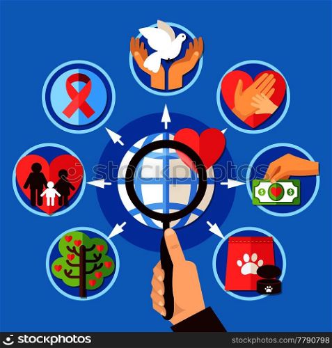 Charity concept with image of human hand holding magnifying lens with love support and donation pictograms vector illustration. Hand Lens Charity Concept