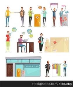 Charity Decorative Elements Collection. Collection of decorative elements on theme of charity with volunteers collecting funds to help poor people flat vector Illustration