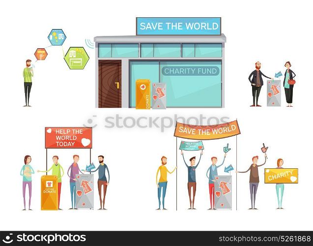 Charity Design Concept. Charity design concept with place for donation and activists with placards calling to save world flat vector Illustration