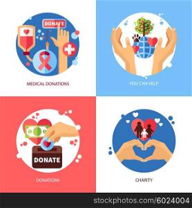 Charity Design Concept Icons Set . Charity design concept icons set with donations symbols flat isolated vector illustration
