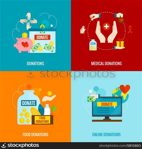 Charity design concept set with food and medical donations flat icons isolated vector illustration. Charity Flat Set