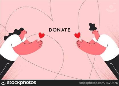 Charity, donation and social care concept. Smiling caring people cartoon charters with hearts for charity donation volunteering and ready to donate blood and organs and donate lettering illustration. Charity, donation and social care concept