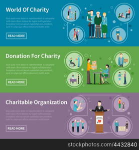 Charity Donation Banners. Charity donation flat banners with charitable organizations and volunteers helping needy people vector illustration