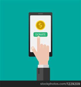 Charity, donation concept. Donate money with mobile phone. Online payment with smartphone. Business, finance. eps10 Vector illustration. Flat style.
