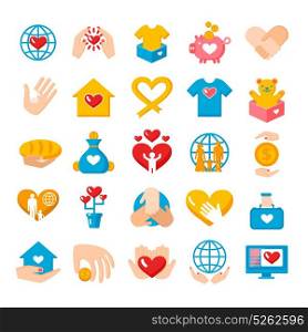 Charity Donation Flat Icons Set. Charity donation big flat icons collection with heart hand palms and earth globe symbols isolated vector illustration
