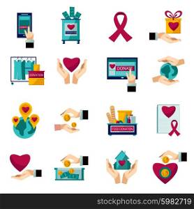 Charity donation flat icons set. International charity organization heart symbol flat icons set of food and clothes donation abstract isolated vector illustration