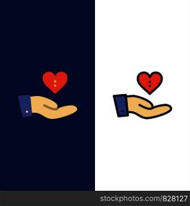 Charity, Donation, Giving, Hand, Love Icons. Flat and Line Filled Icon Set Vector Blue Background