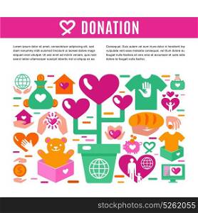 Charity Donation Information Page. Charity donation information page with set of colored icons on theme of donating money clothing food and toys for children flat vector illustration