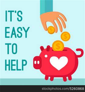 Charity Donation Poster. Charity donation poster in cartoon style with man hand lowering coins in piggy bank flat vector illustration