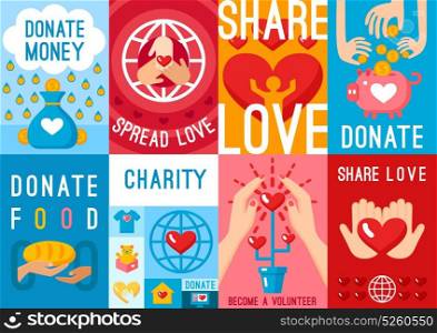Charity Donation Posters Set. Set of eight charity donation posters with heart in people hands images spread love and share love words flat vector illustration