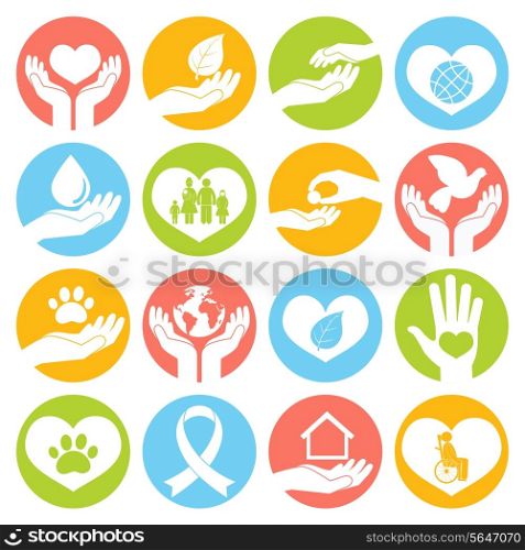 Charity donation social services and volunteer white round buttons set isolated vector illustration