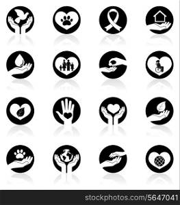 Charity donation social services emblems and volunteer black icons set isolated vector illustration