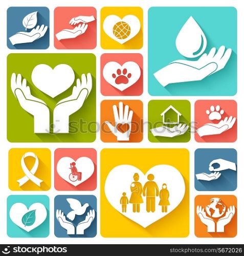 Charity donation social services emblems flat icons set isolated vector illustration