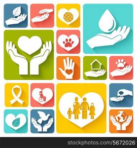 Charity donation social services emblems flat icons set isolated vector illustration