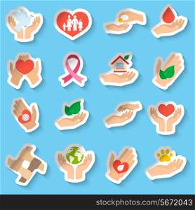 Charity donation social services emblems paper stickers set isolated vector illustration