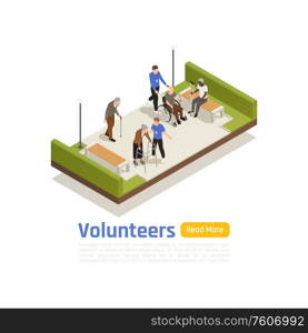 Charity donation volunteering isometric background with disabled people in park with volunteer characters text and button vector illustration