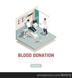 Charity donation volunteering isometric background with read more button and editable text with blood donation process vector illustration
