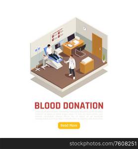 Charity donation volunteering isometric background with read more button text and view of blood medical center vector illustration