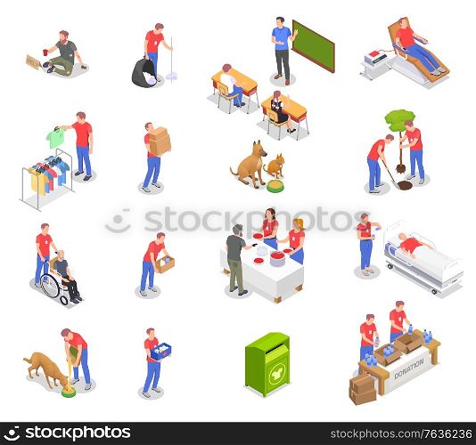 Charity donation volunteering isometric set with isolated icons and human characters of working volunteers in uniform vector illustration