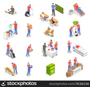 Charity donation volunteering isometric set with isolated icons and human characters of working volunteers in uniform vector illustration