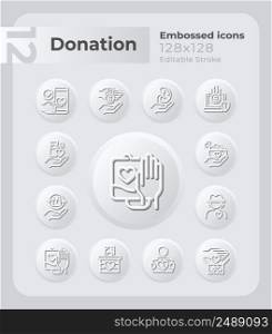 Charity embossed icons set. Humanitarian aid. Volunteering. Neumorphism effect. Isolated vector illustrations. Minimalist button design collection. Editable stroke. Montserrat Bold, Light fonts used. Charity embossed icons set