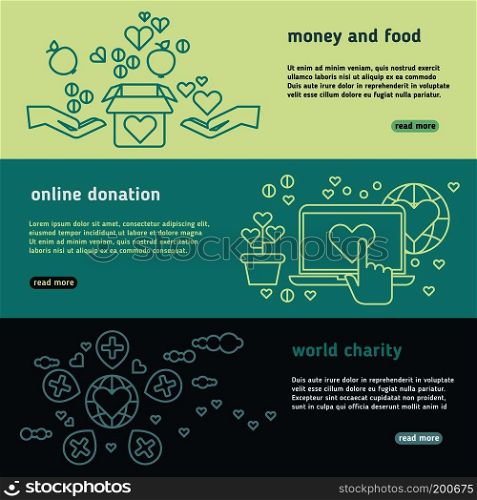 Charity, family help, donate life, nonprofit organization, humanitarian vector banners set. Donation money and food, charity and online donation illustration. Charity, family help, donate life, nonprofit organization, humanitarian vector banners set