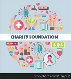Charity foundation blood donation center and give love vector hearts and human hands blood packs and water drops gold coins and banknotes plants banknote or dollar bill glass jar globe breast cancer.. Blood donation and financial aid charity foundation give love