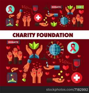 Charity foundation poster for social donation action. Vector icons for blood donation or money and helping help and social healthcare volunteering concept. Charity foundation vector social donation poster