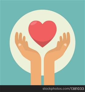 Charity helping hands with red heart. Share love concept. Icon template for donation organization. Vector stock
