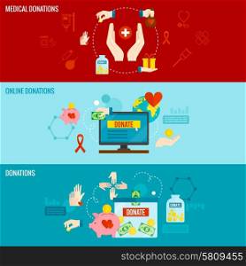 Charity horizontal banner set with online medical donations elements isolated vector illustration. Charity Banner Set