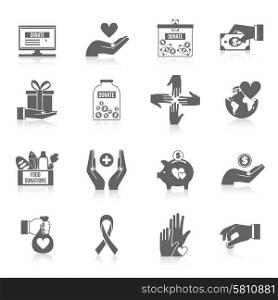 Charity icon black set with philanthropist community teamwork symbols isolated vector illustration. Charity Icon Black Set