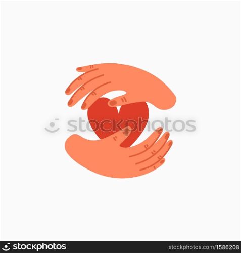 Charity icon. Empathy and Compassion icon - hands holding a heart. Helping hand or psychological care. Vector illustration in flat cartoon style on white background.. Charity icon. Empathy and Compassion icon - hands holding a heart.