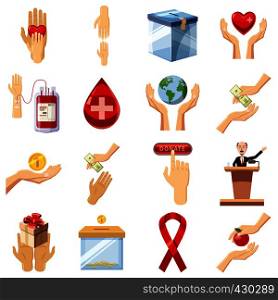 Charity icons set. Cartoon illustration of 16 charity vector icons for web. Charity icons set, cartoon style