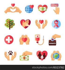 Charity Icons Set . Charity icons set with volunteering symbols flat isolated vector illustration