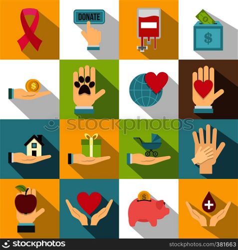 Charity icons set. Flat illustration of 16 charity vector icons for web. Charity icons set, flat style