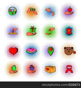 Charity icons set in comics style isolated on white background. Charity icons set, comics style