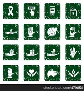 Charity icons set in grunge style green isolated vector illustration. Charity icons set grunge
