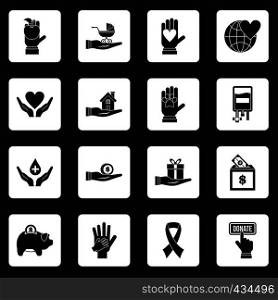 Charity icons set in white squares on black background simple style vector illustration. Charity icons set squares vector