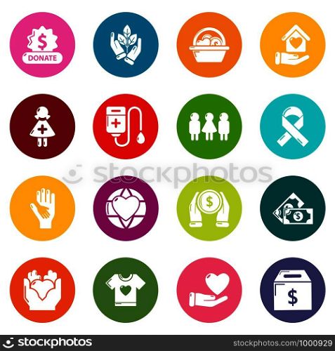Charity icons set vector colorful circles isolated on white background . Charity icons set colorful circles vector