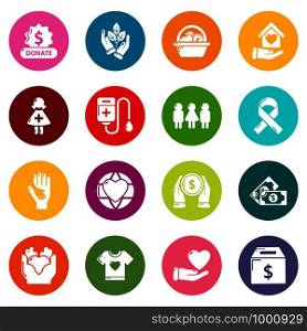 Charity icons set vector colorful circles isolated on white background . Charity icons set colorful circles vector