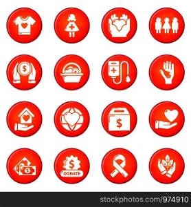 Charity icons set vector red circle isolated on white background . Charity icons set red vector